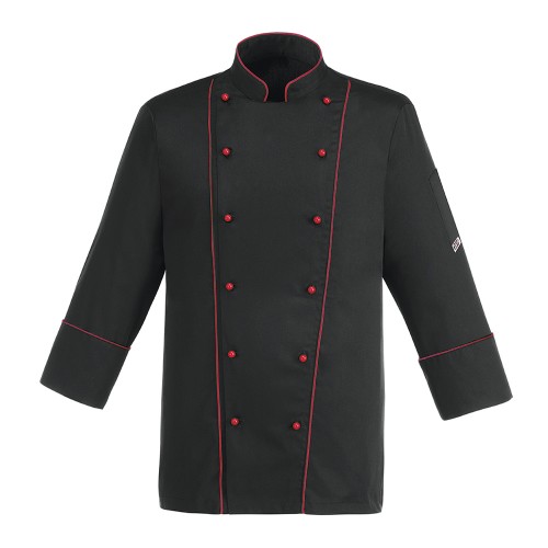 Bluza kucharska PROFILE, długi rękaw, czarna z czerwoną lamówką i guzikami.